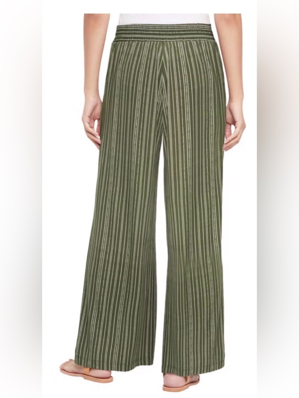 NWT: Three Dots Women's Pull-On
Olive Green Striped Wide-Leg Pants; Sz: XXL
